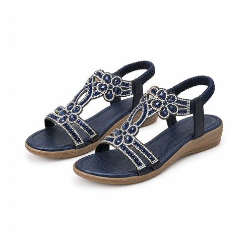 Boho Sandals With Floral Cutouts and a Slingback Strap — Blue, front view