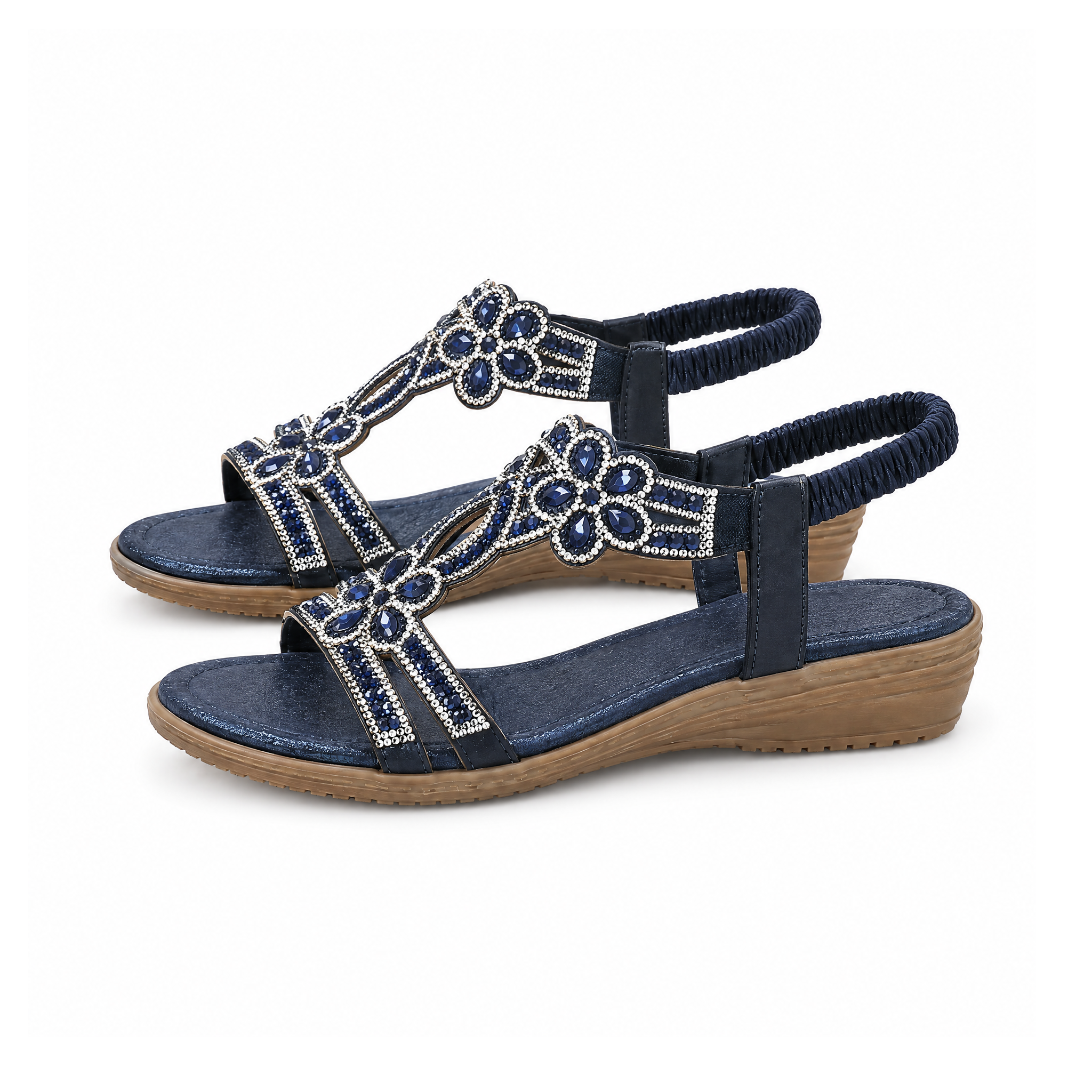 Boho Sandals With Floral Cutouts and a Slingback Strap — Blue, angled view