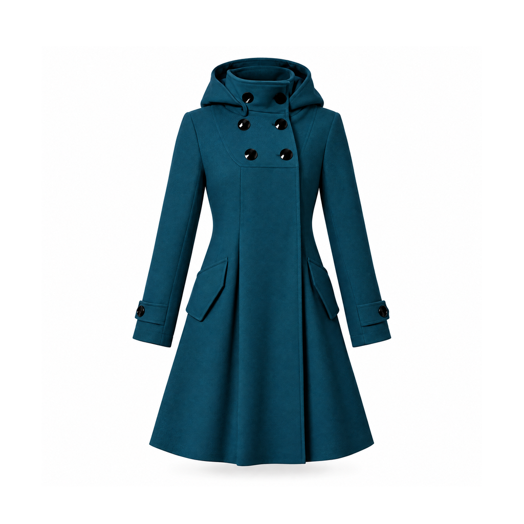 Hooded Coat With a High Buttoned Neck and Side Pockets, Astrad — Dark Green, front view
