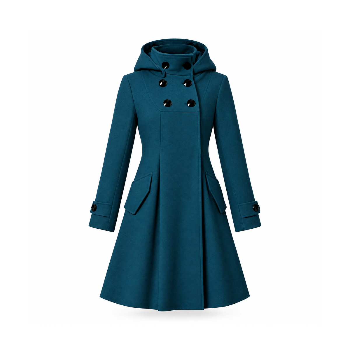 Hooded Coat With a High Buttoned Neck and Side Pockets, Astrad — Dark Green, front view