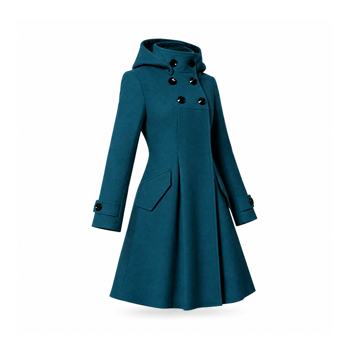Hooded Coat With a High Buttoned Neck and Side Pockets, Astrad — Dark Green, angled view