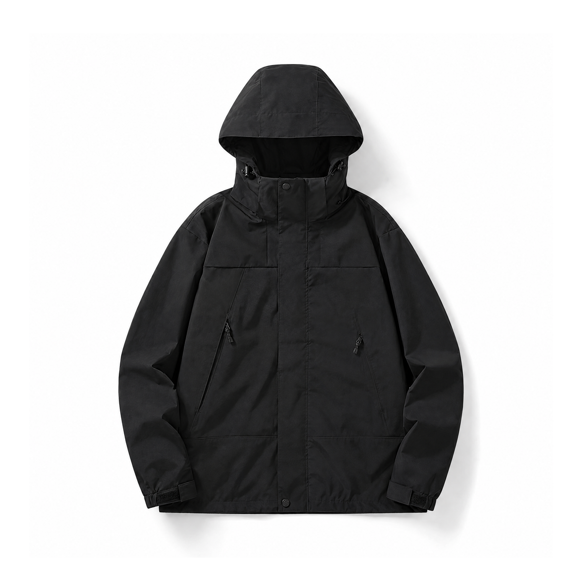 Unisex Hooded Outdoor Jacket With Long Sleeves and a Zip Front — Black, front view