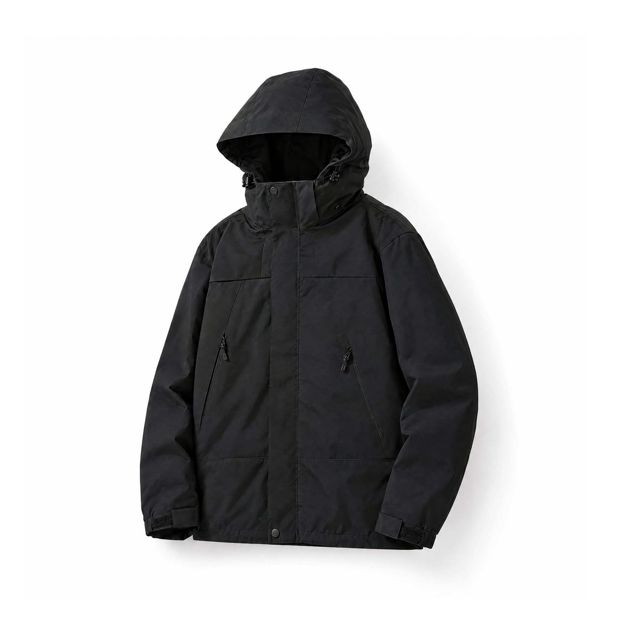 Unisex Hooded Outdoor Jacket With Long Sleeves and a Zip Front — Black, angled view
