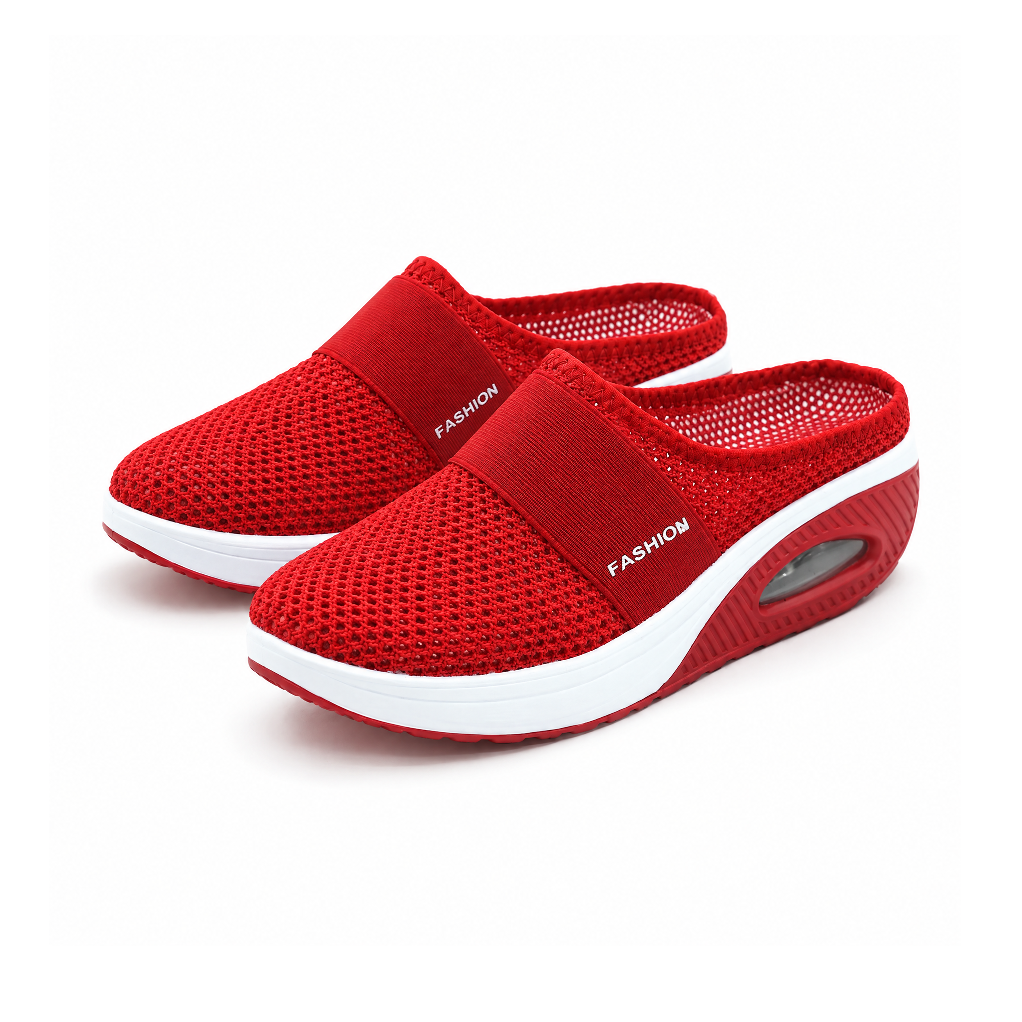 Mesh Slip-On Mules With Textile Lining and Air-Cushioned Soles — Red, front view