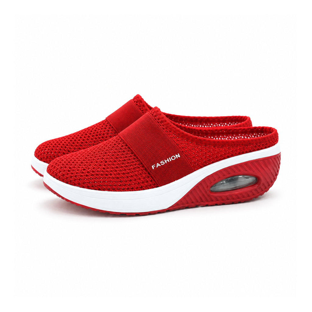 Mesh Slip-On Mules With Textile Lining and Air-Cushioned Soles — Red, angled view