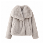 Short Faux-Fur Jacket With a Wide Collar and Long Sleeves — Vanilla, front view