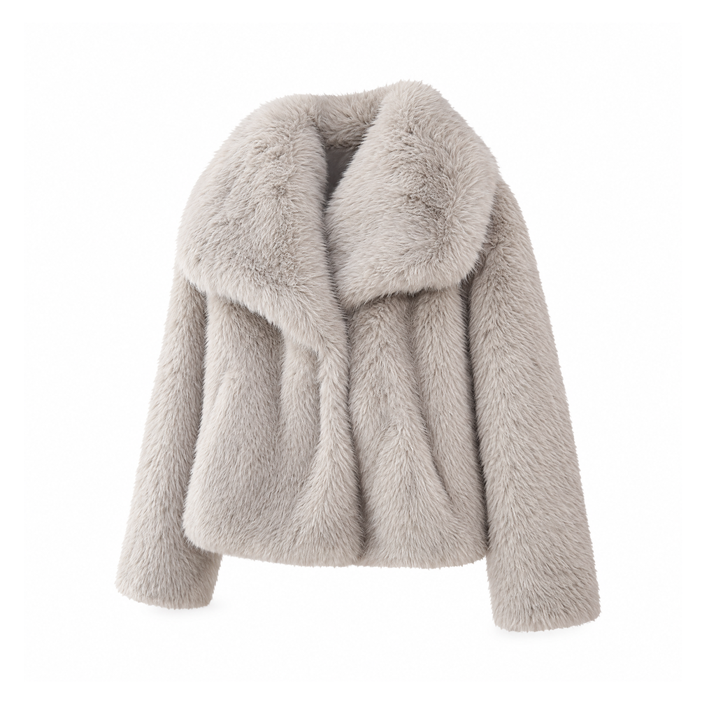 Short Faux-Fur Jacket With a Wide Collar and Long Sleeves — Vanilla, angled view