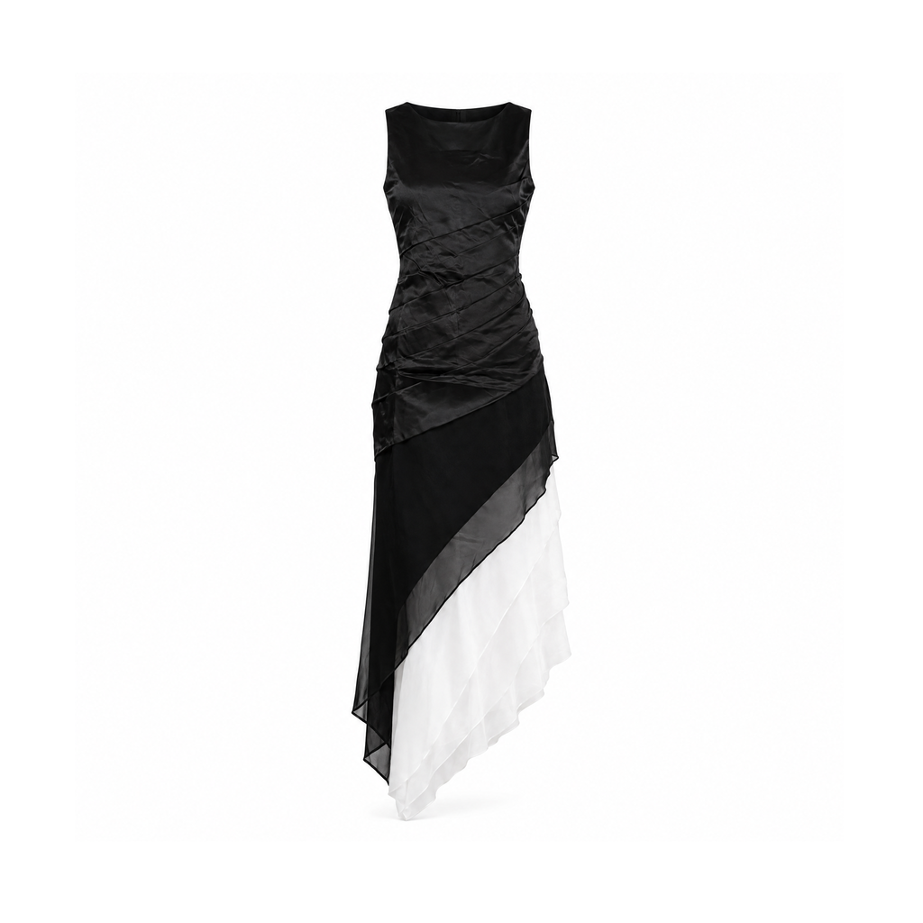 Sleeveless Layered Dress With a Black and White Asymmetric Hem — Black and White, front view
