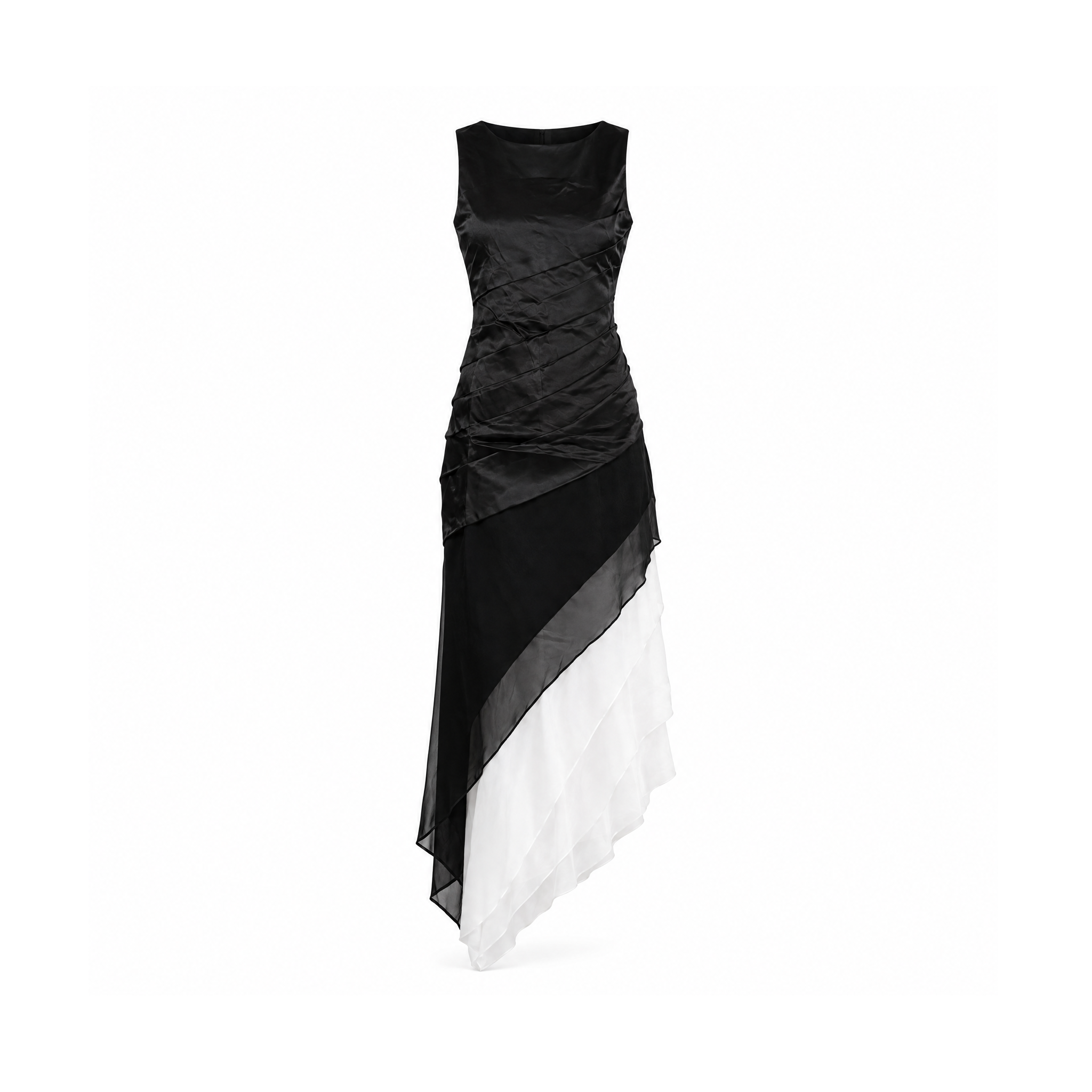 Sleeveless Layered Dress With a Black and White Asymmetric Hem — Black and White, front view