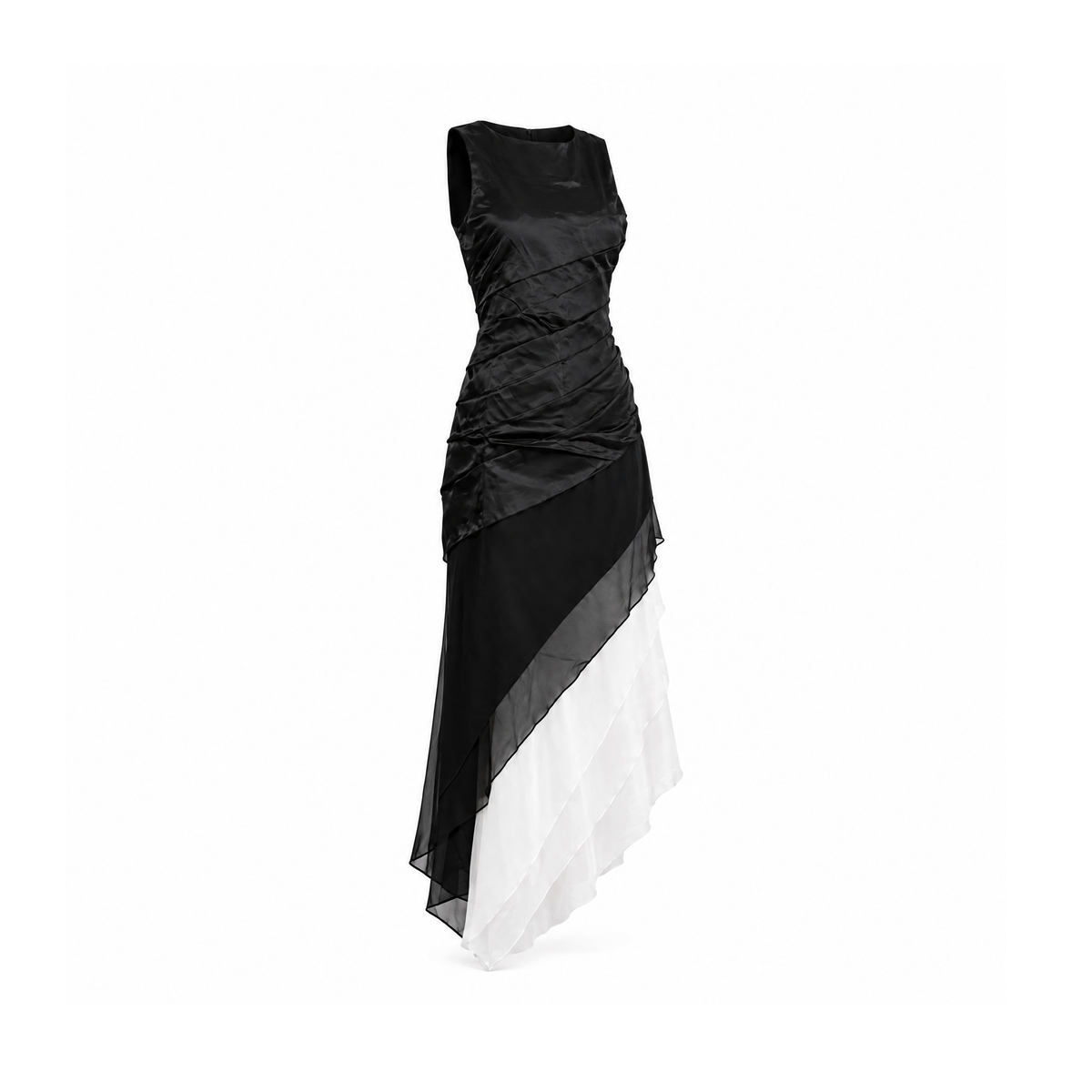 Sleeveless Layered Dress With a Black and White Asymmetric Hem — Black and White, angled view