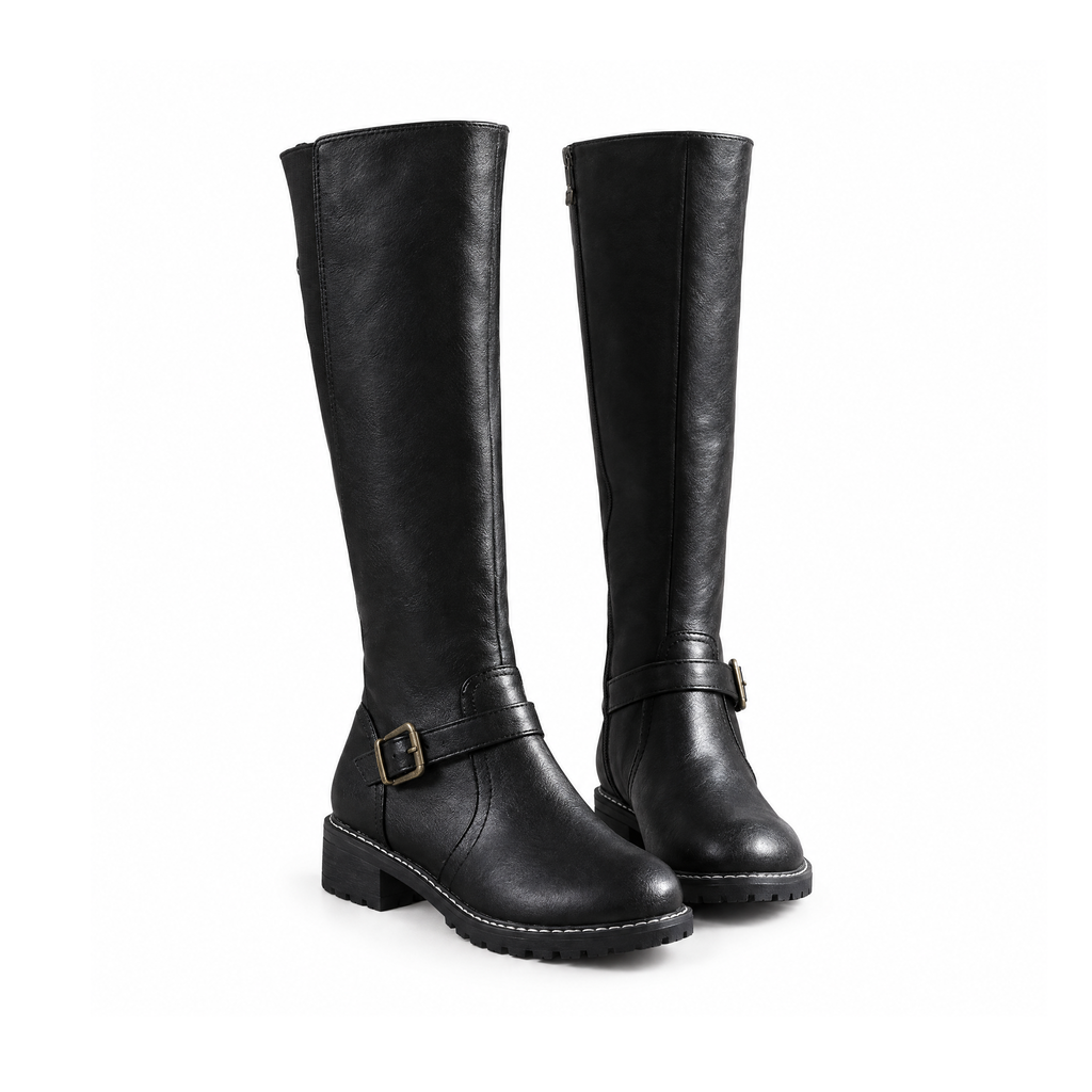 Tall Leather Boots With Ankle Buckles and Low Block Heels — Black, front view