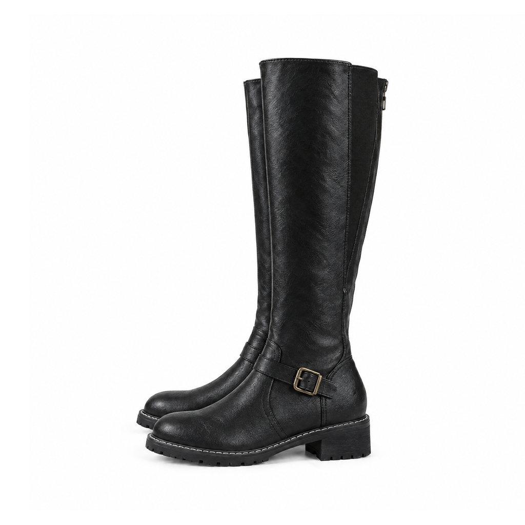 Tall Leather Boots With Ankle Buckles and Low Block Heels — Black, angled view