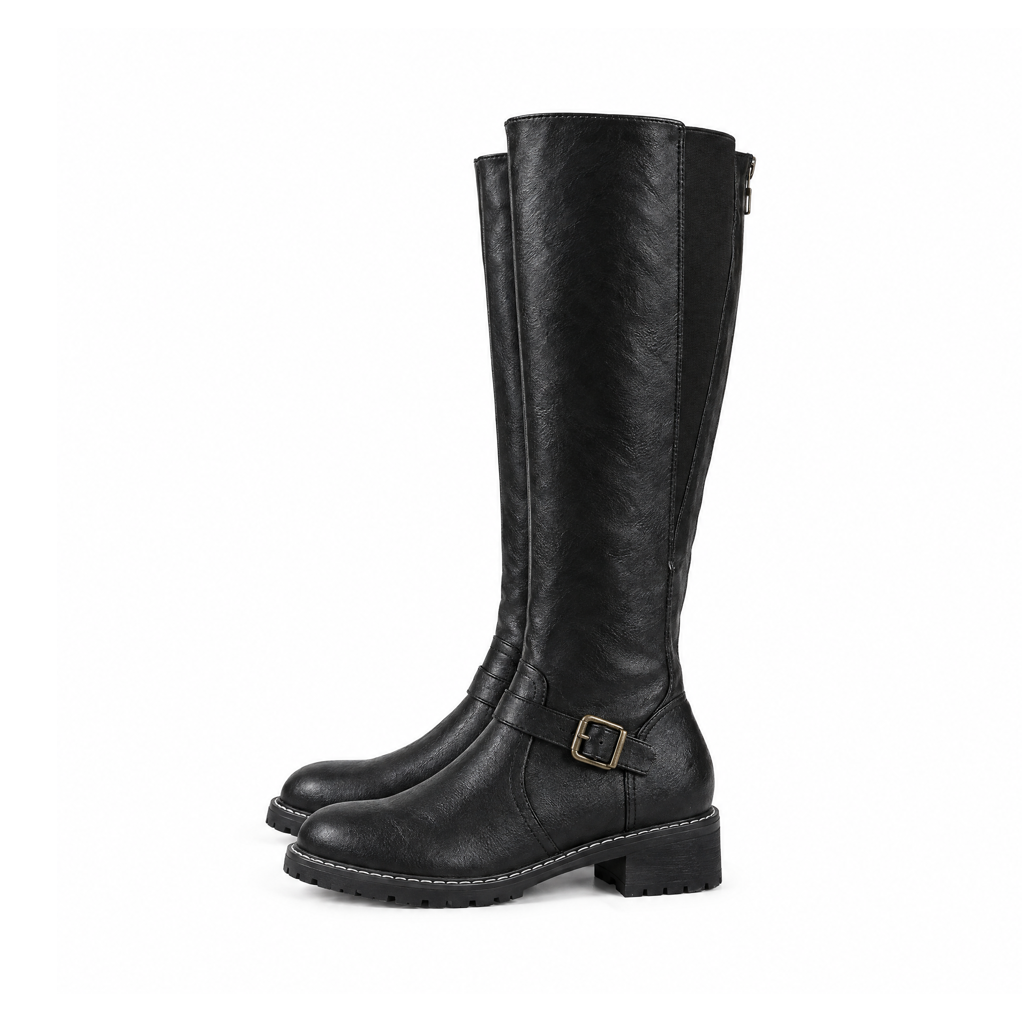 Tall Leather Boots With Ankle Buckles and Low Block Heels — Black, angled view