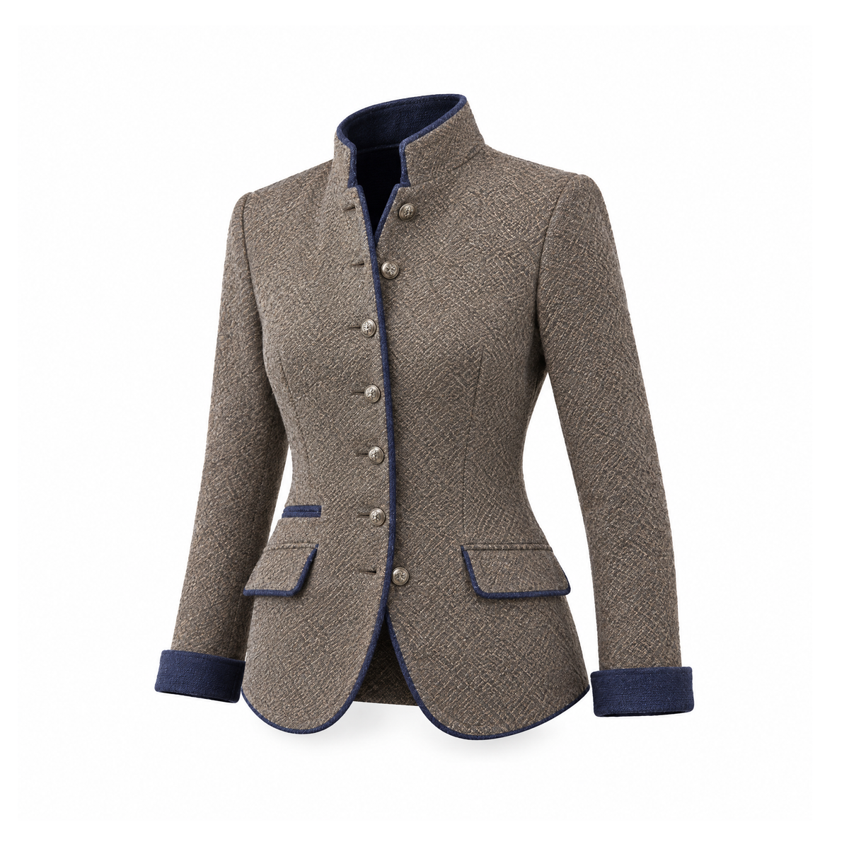 Stand-Collar Jacket With Contrast Edges and Buttons, Daphnee — Grey, angled view