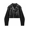 Cropped Faux-Leather Biker Jacket With a Belt and Zip Pockets — Black, front view