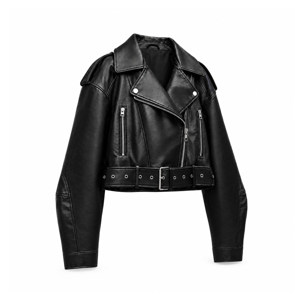 Cropped Faux-Leather Biker Jacket With a Belt and Zip Pockets — Black, angled view