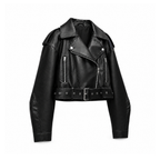 Cropped Faux-Leather Biker Jacket With a Belt and Zip Pockets — Black, angled view