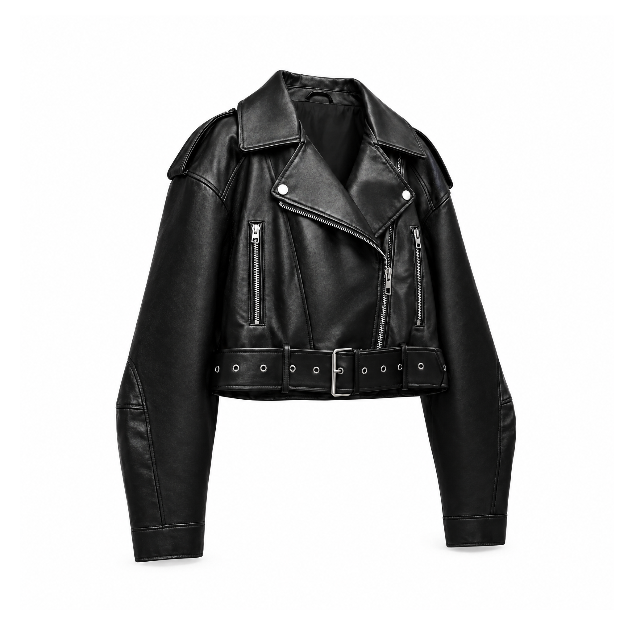 Cropped Faux-Leather Biker Jacket With a Belt and Zip Pockets — Black, angled view