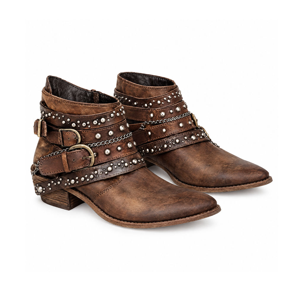 Vintage Ankle Boots With Studded Buckle Straps and Low Heels — Brown, front view