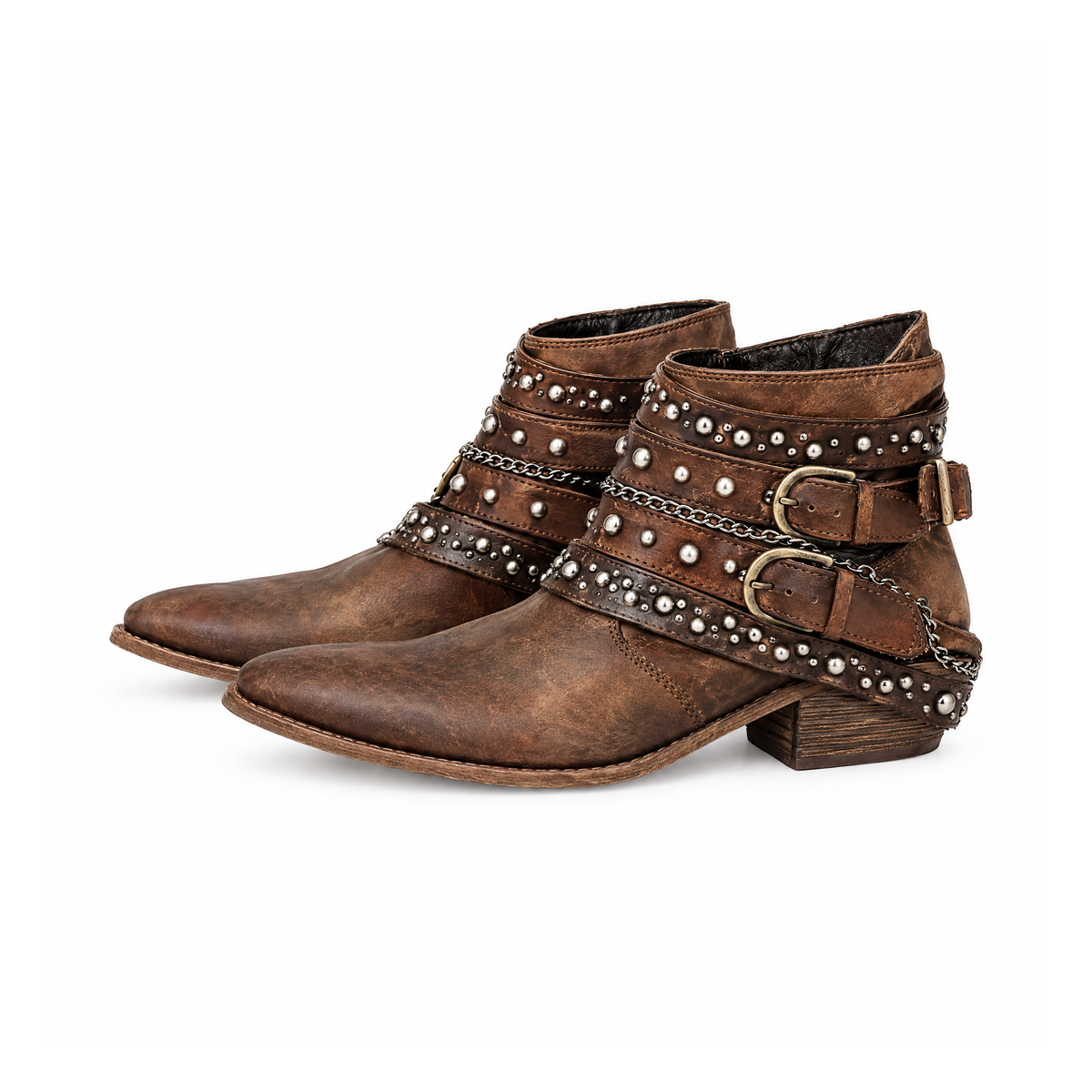Vintage Ankle Boots With Studded Buckle Straps and Low Heels — Brown, angled view