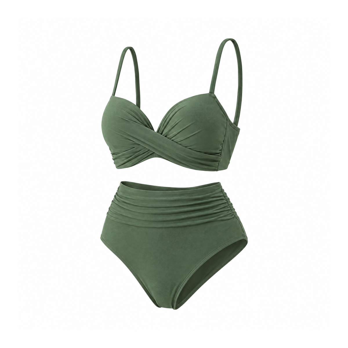 Twist-Front Padded Bikini With High-Waist Gathered Bottoms — Army Green, angled view