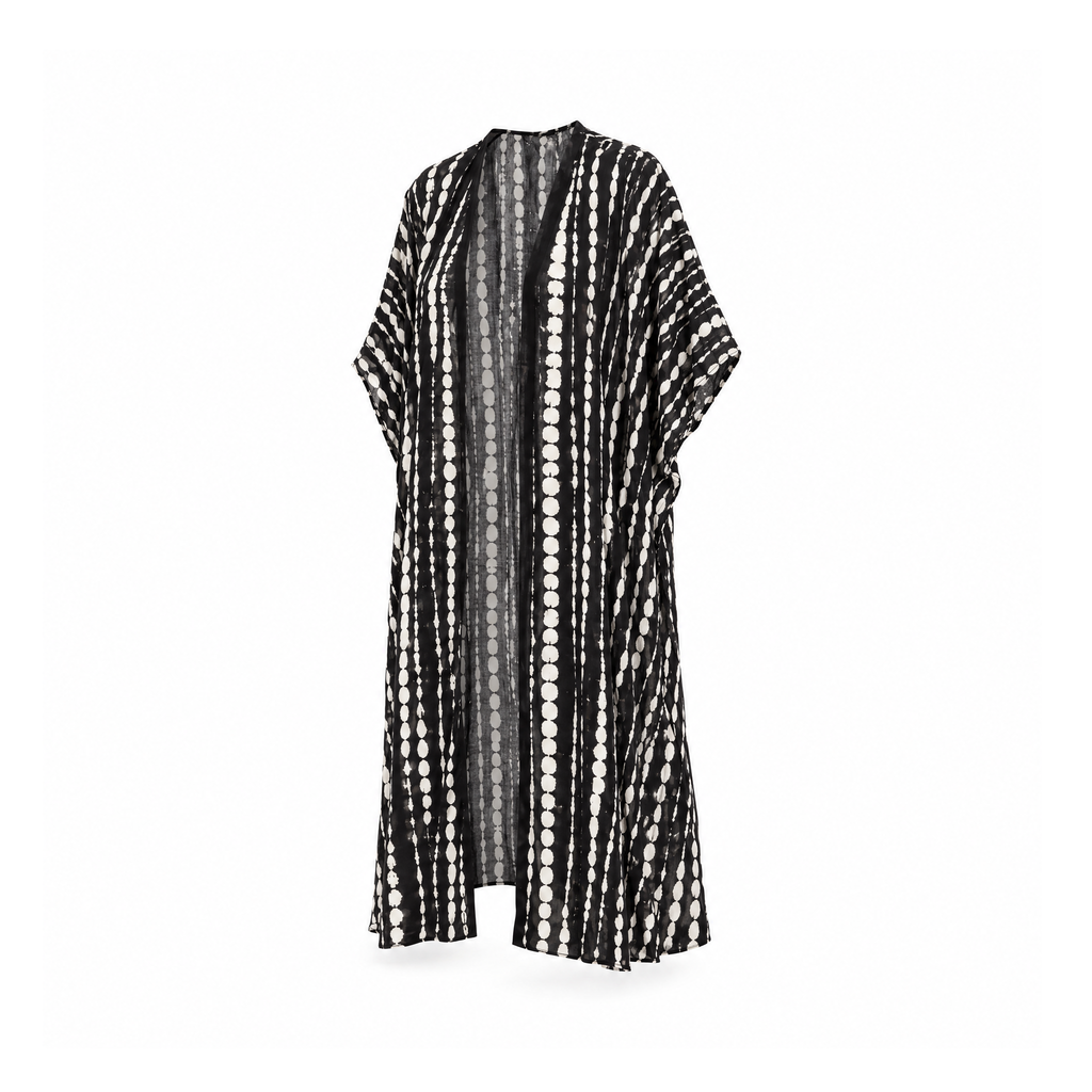 Long Printed Beach Cover-Up With an Open Front and Loose Sleeves — Black and White, angled view