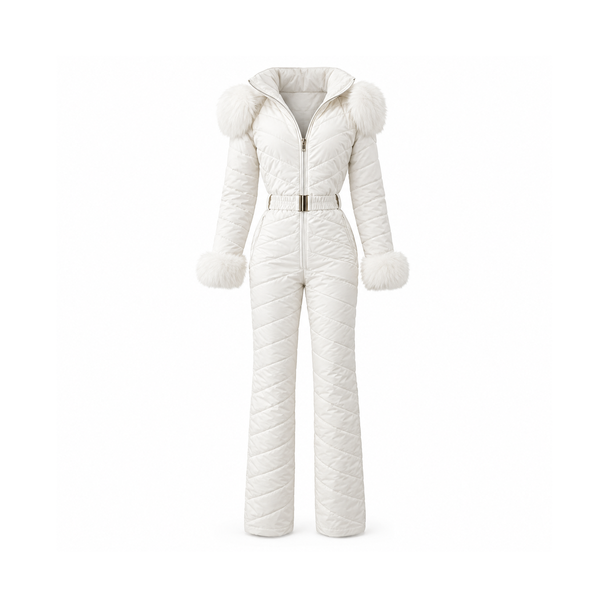 Quilted Winter Jumpsuit With a Front Zip and Belted Waist — White, front view