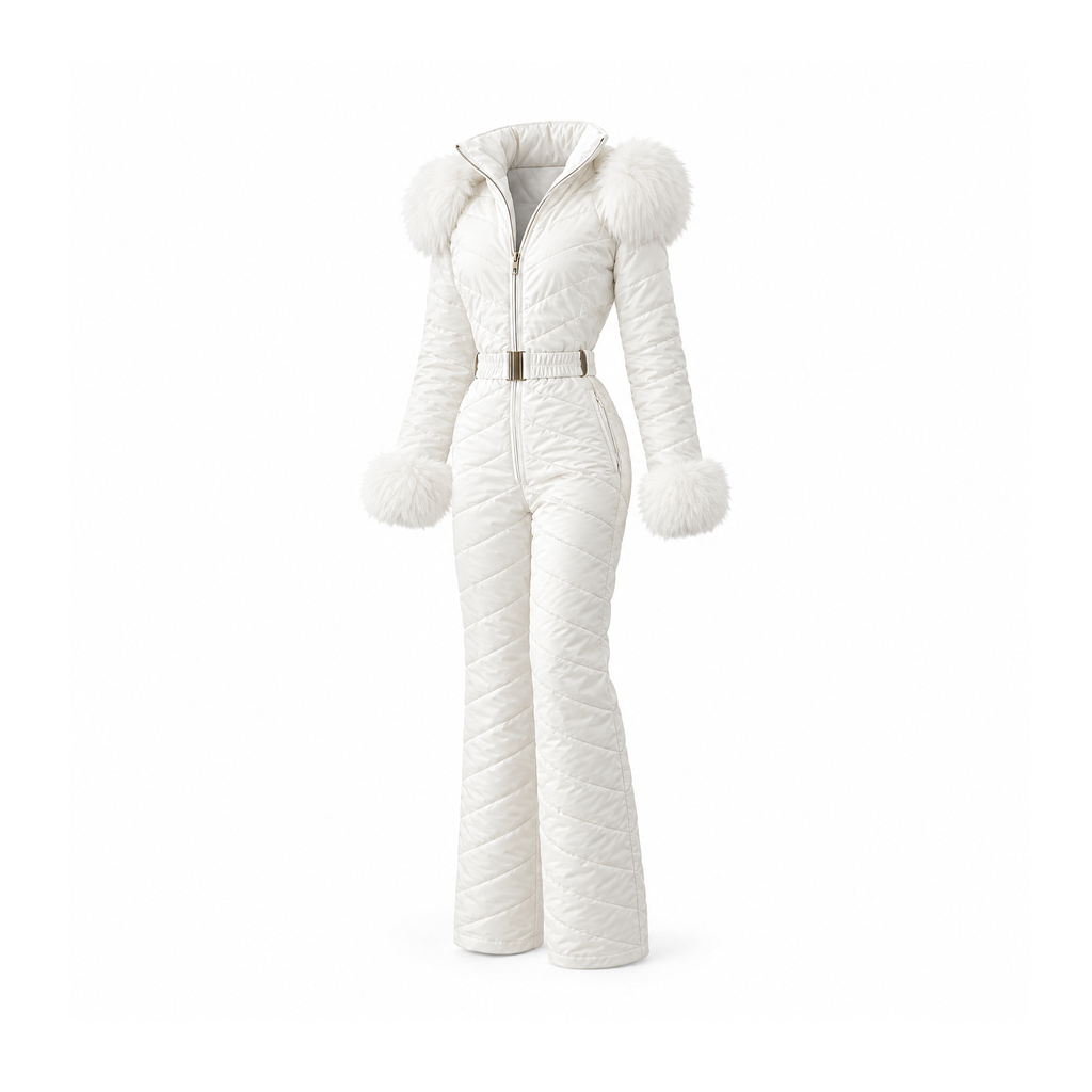 Quilted Winter Jumpsuit With a Front Zip and Belted Waist — White, angled view