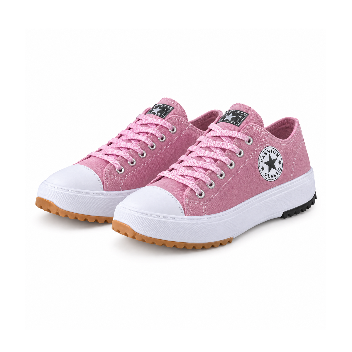 Lace-Up Trainers With White Toe Caps and Star Patches, Stern — Pink, front view