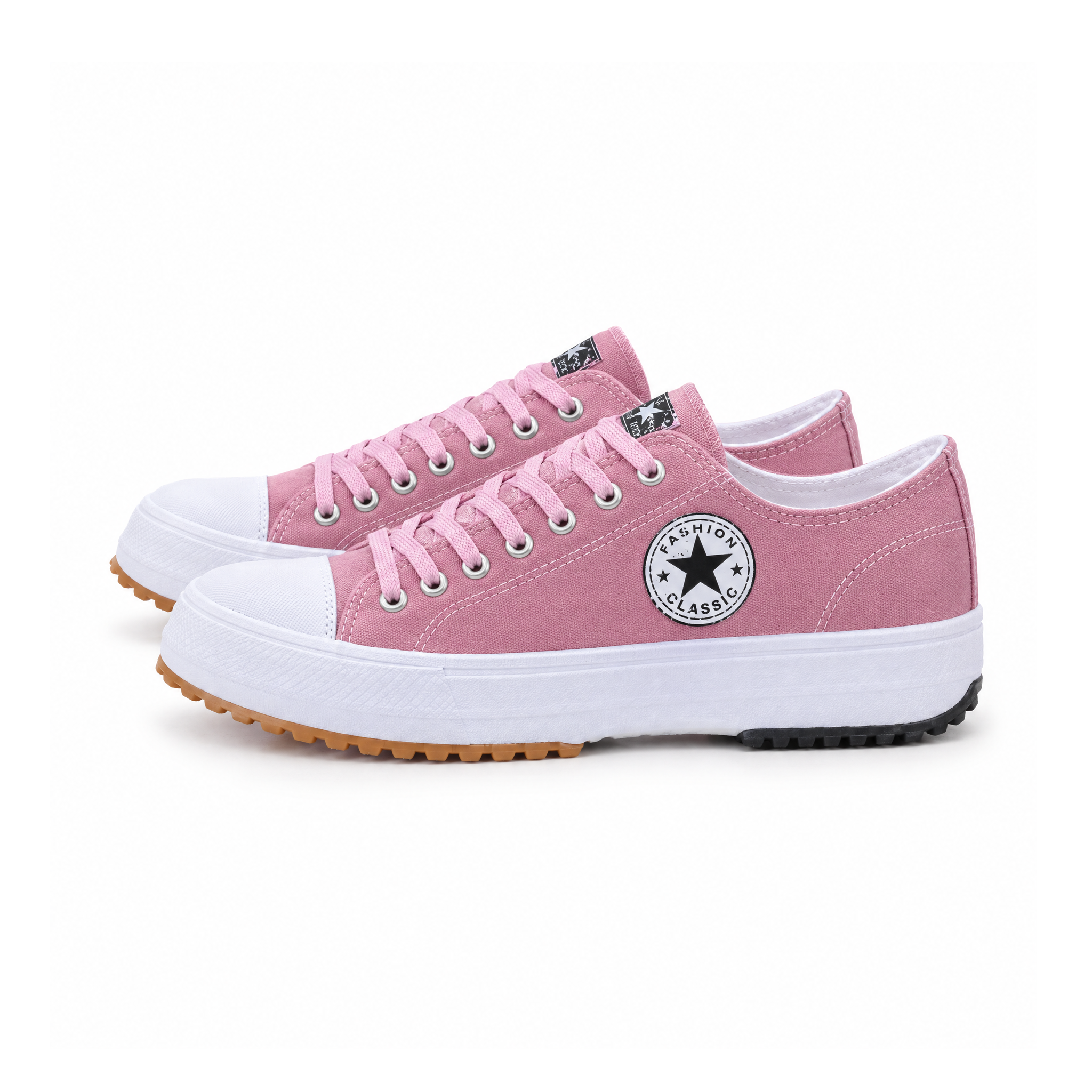 Lace-Up Trainers With White Toe Caps and Star Patches, Stern — Pink, angled view
