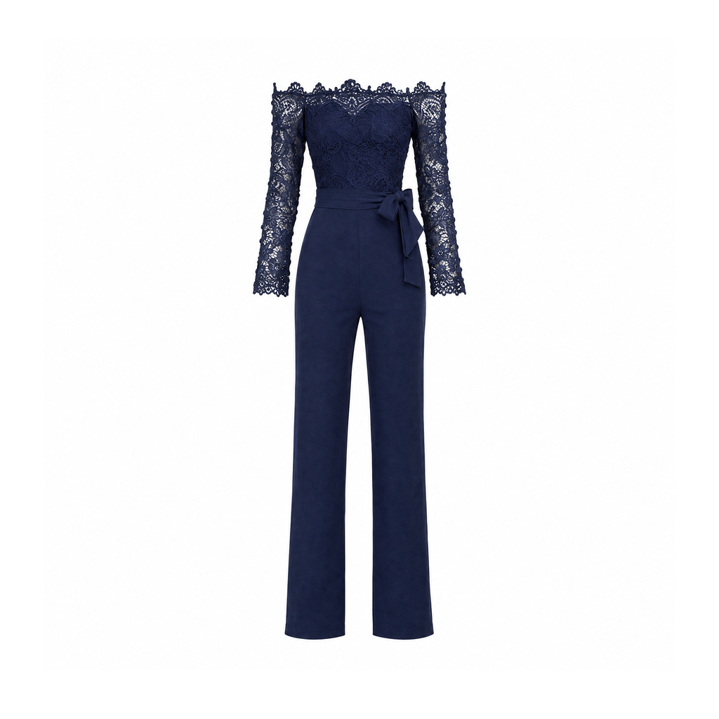 Off-Shoulder Lace Jumpsuit With Long Sleeves and a Waist Tie — Dark Blue, front view