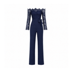 Off-Shoulder Lace Jumpsuit With Long Sleeves and a Waist Tie — Dark Blue, front view
