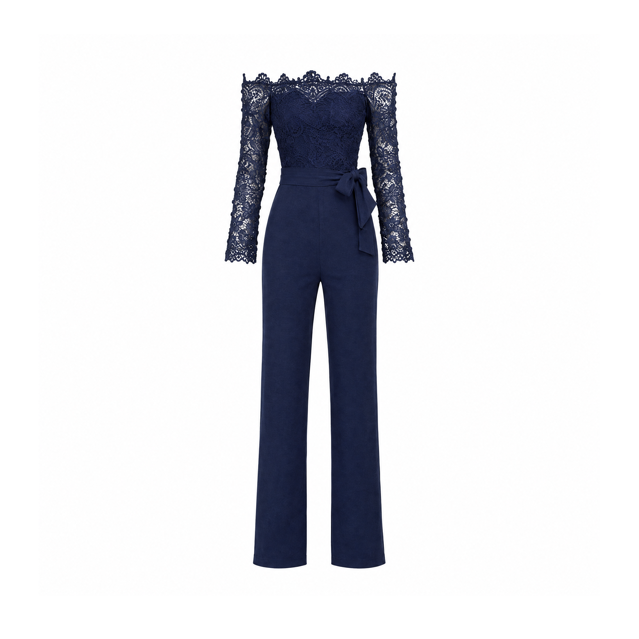 Off-Shoulder Lace Jumpsuit With Long Sleeves and a Waist Tie — Dark Blue, front view