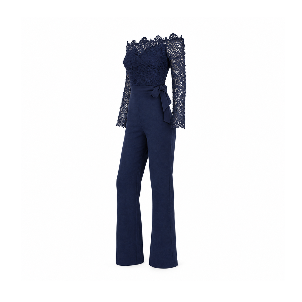 Off-Shoulder Lace Jumpsuit With Long Sleeves and a Waist Tie — Dark Blue, angled view