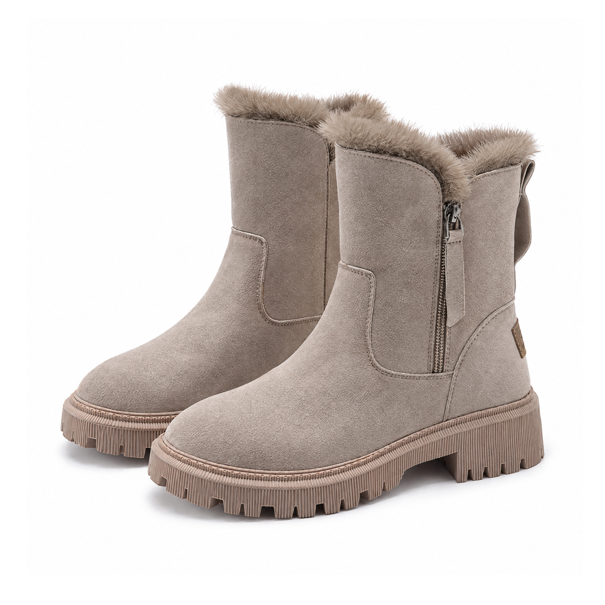 Winter Ankle Boots With Fluffy Trim and Chunky Tread Soles — Apricot, front view