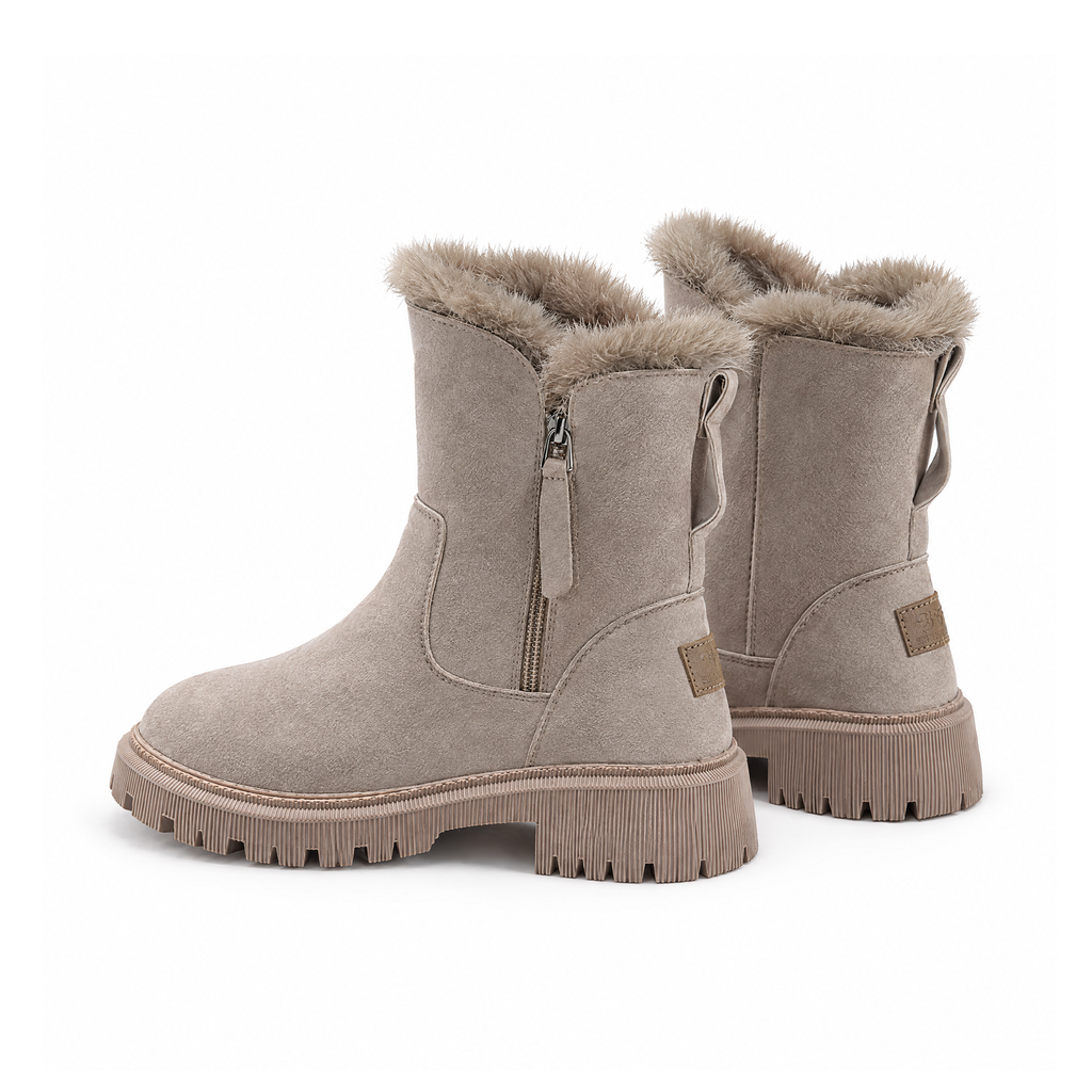 Winter Ankle Boots With Fluffy Trim and Chunky Tread Soles — Apricot, angled view