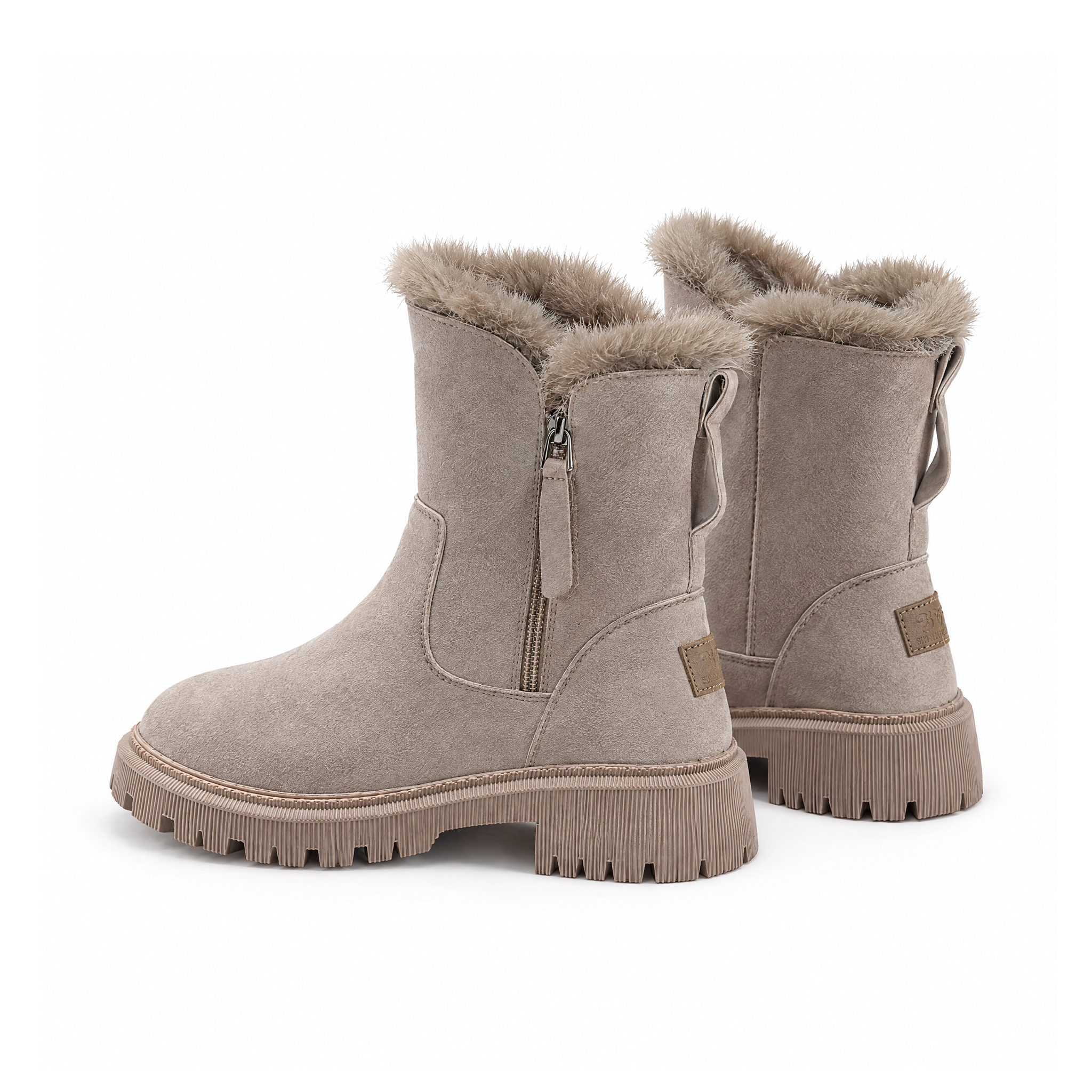 Winter Ankle Boots With Fluffy Trim and Chunky Tread Soles — Apricot, angled view