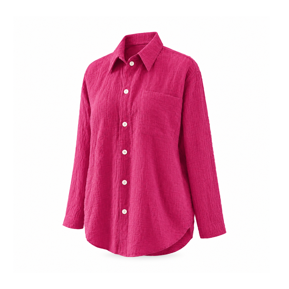 Textured Button-Front Blouse With a Pointed Collar, Eden — Bright Pink, angled view