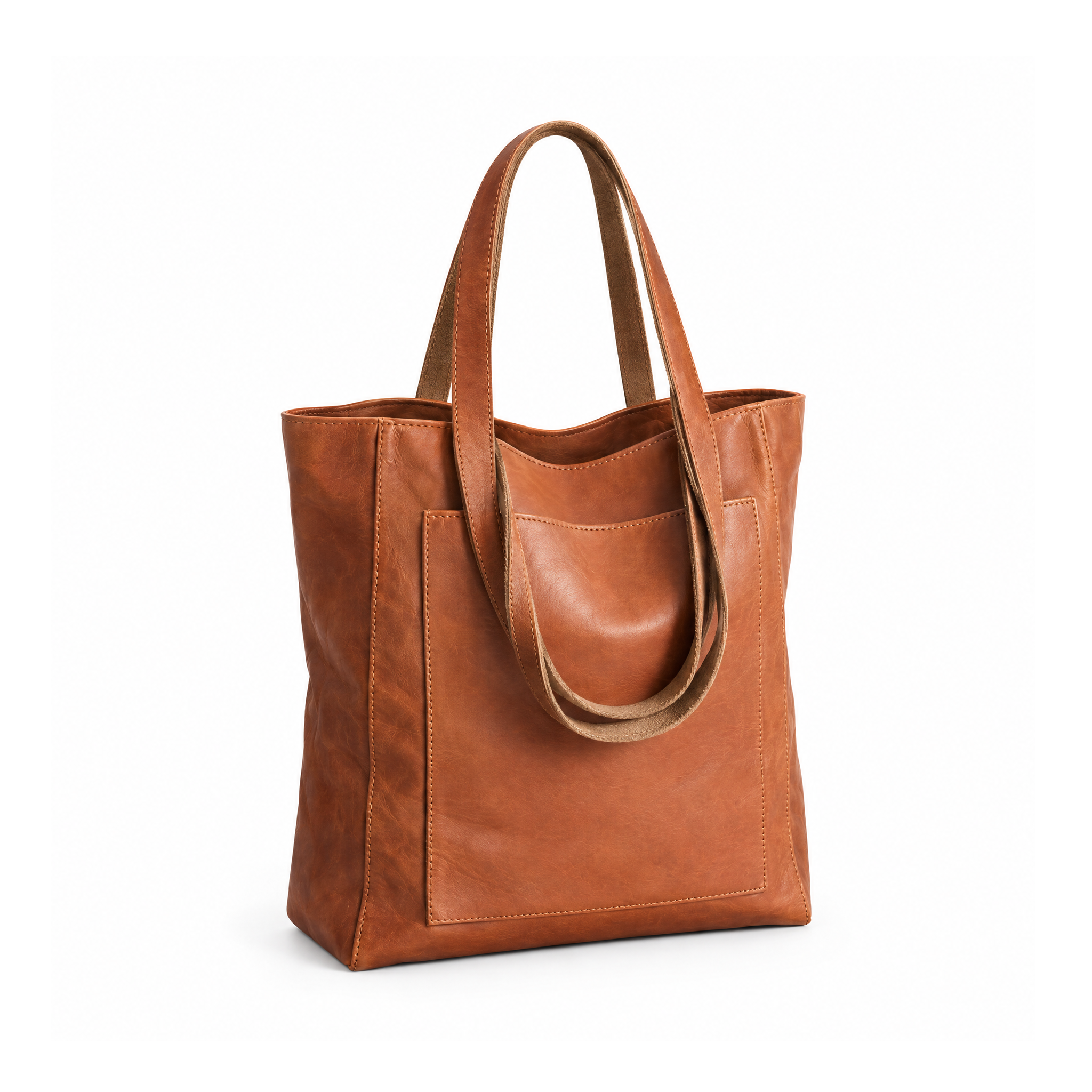 Leather Shoulder Tote With Twin Handles and a Large Front Pocket — Brown, angled view
