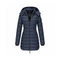 Fitted Long Puffer Coat With a Hood and Full-Length Zip Front — Navy, front view