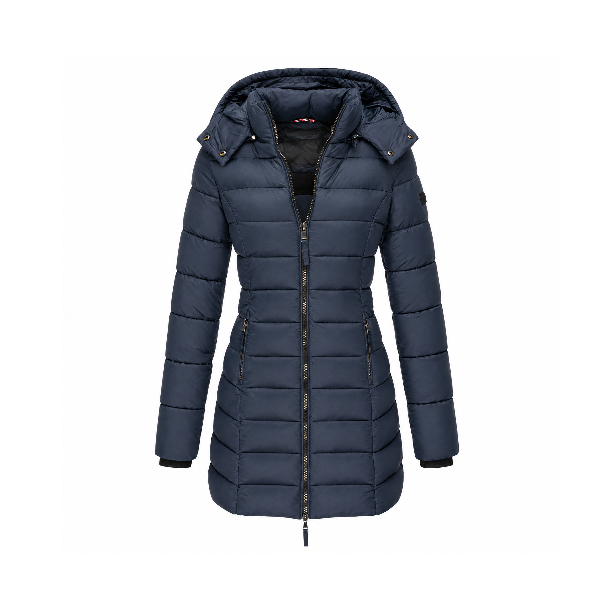 Fitted Long Puffer Coat With a Hood and Full-Length Zip Front — Navy, front view