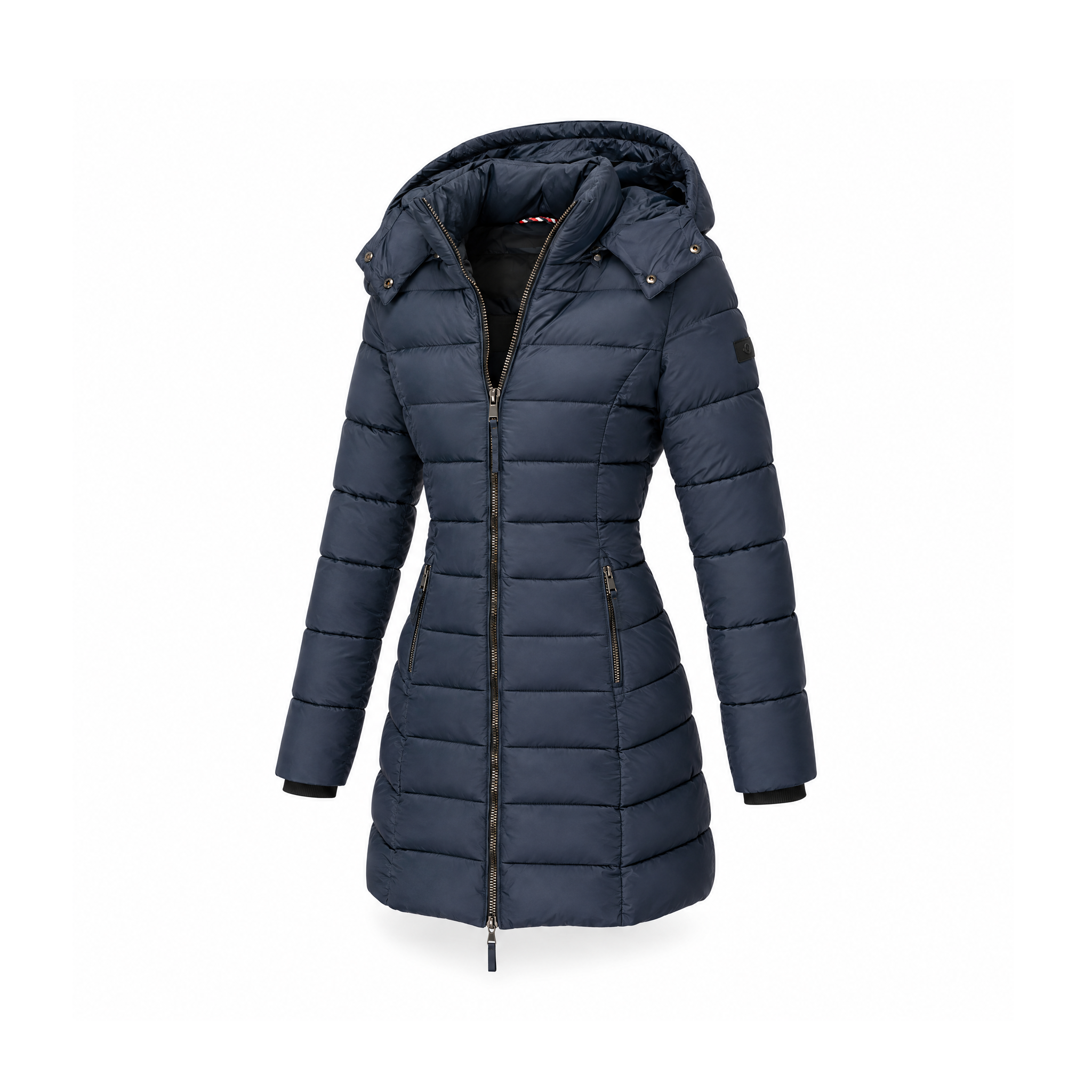Fitted Long Puffer Coat With a Hood and Full-Length Zip Front — Navy, angled view