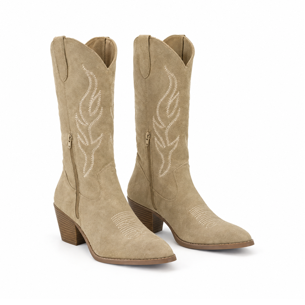Cowboy Boots With Decorative Stitching and Side Zip Openings — Sand, front view