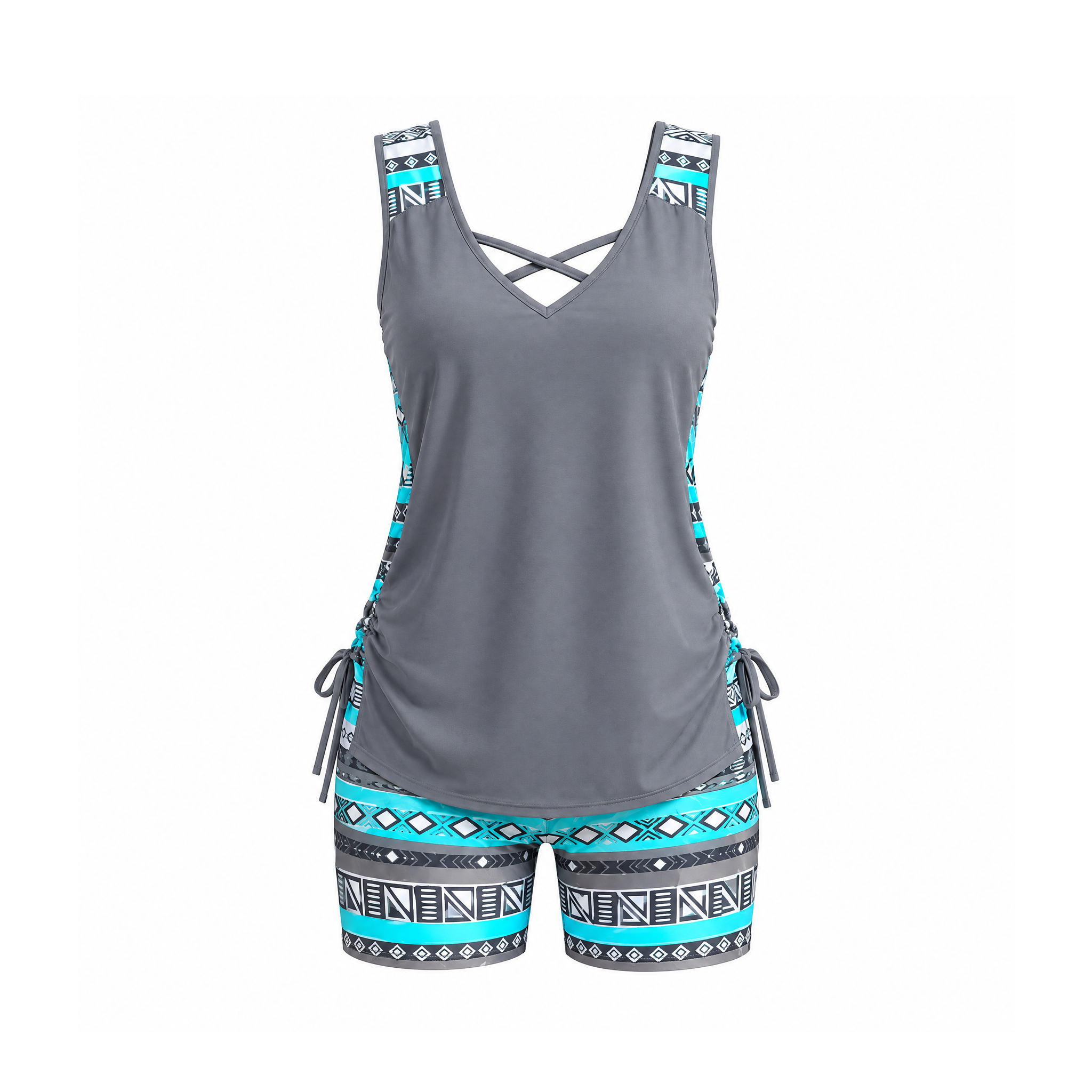 Tankini and Swim Shorts Set With a Cross-Strap V-Neck — Grey, front view