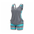 Tankini and Swim Shorts Set With a Cross-Strap V-Neck — Grey, angled view