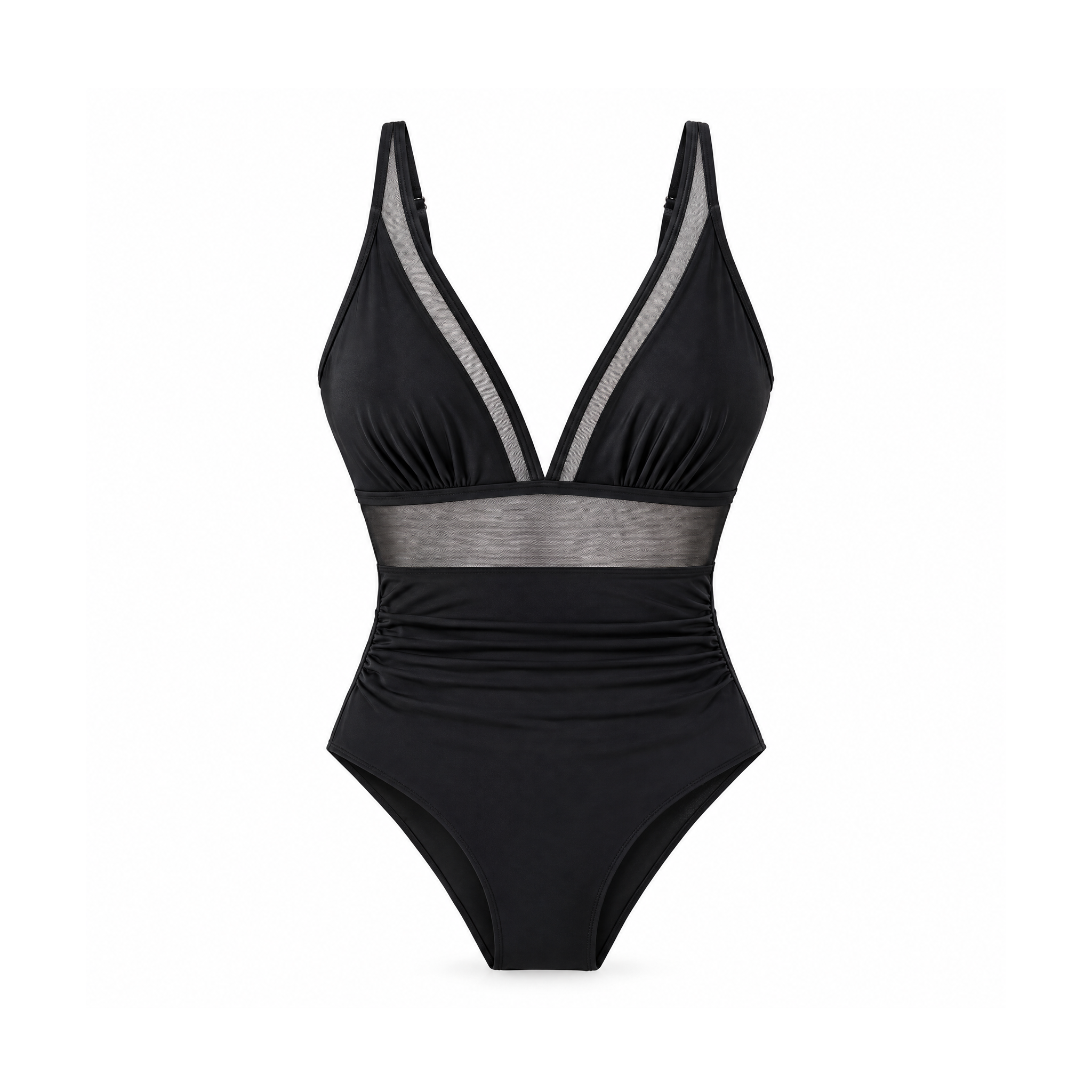 One-Piece Swimsuit With a Mesh Waist and V Neckline – Cove — Black, front view