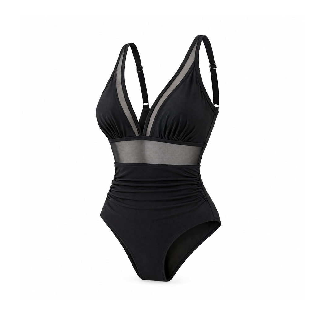 One-Piece Swimsuit With a Mesh Waist and V Neckline – Cove — Black, angled view