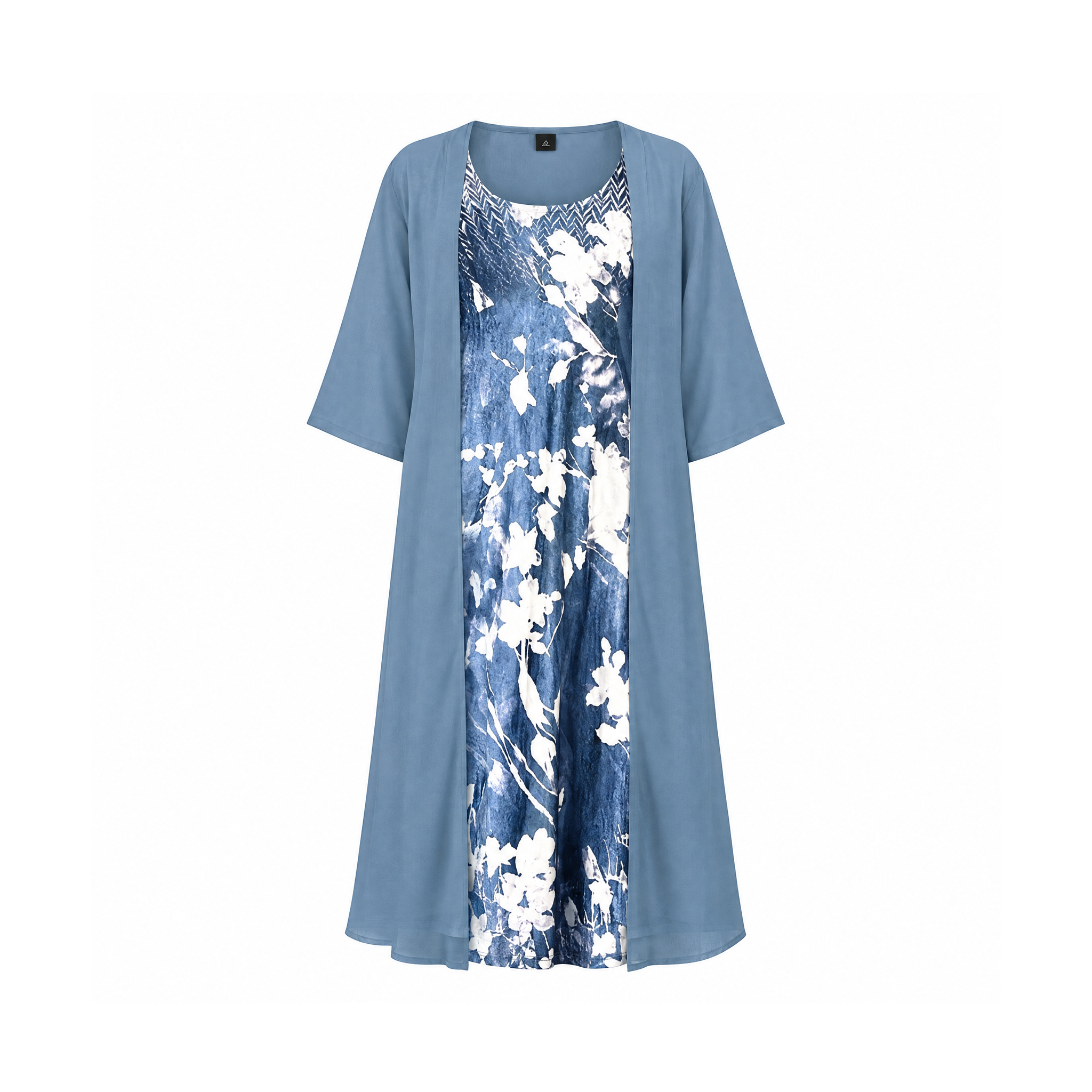Floral Dress Set With a Long Open Overlay and Three-Quarter Sleeves — Blue, front view