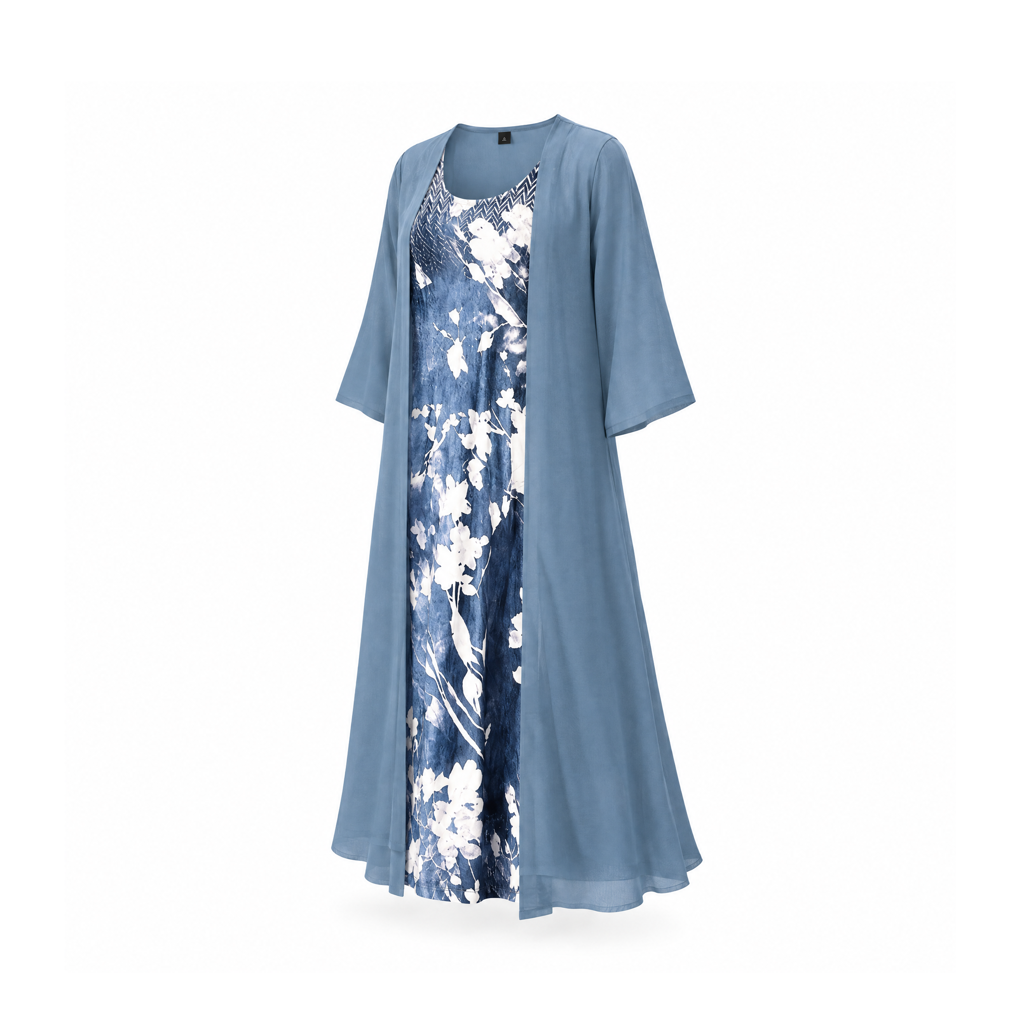 Floral Dress Set With a Long Open Overlay and Three-Quarter Sleeves — Blue, angled view