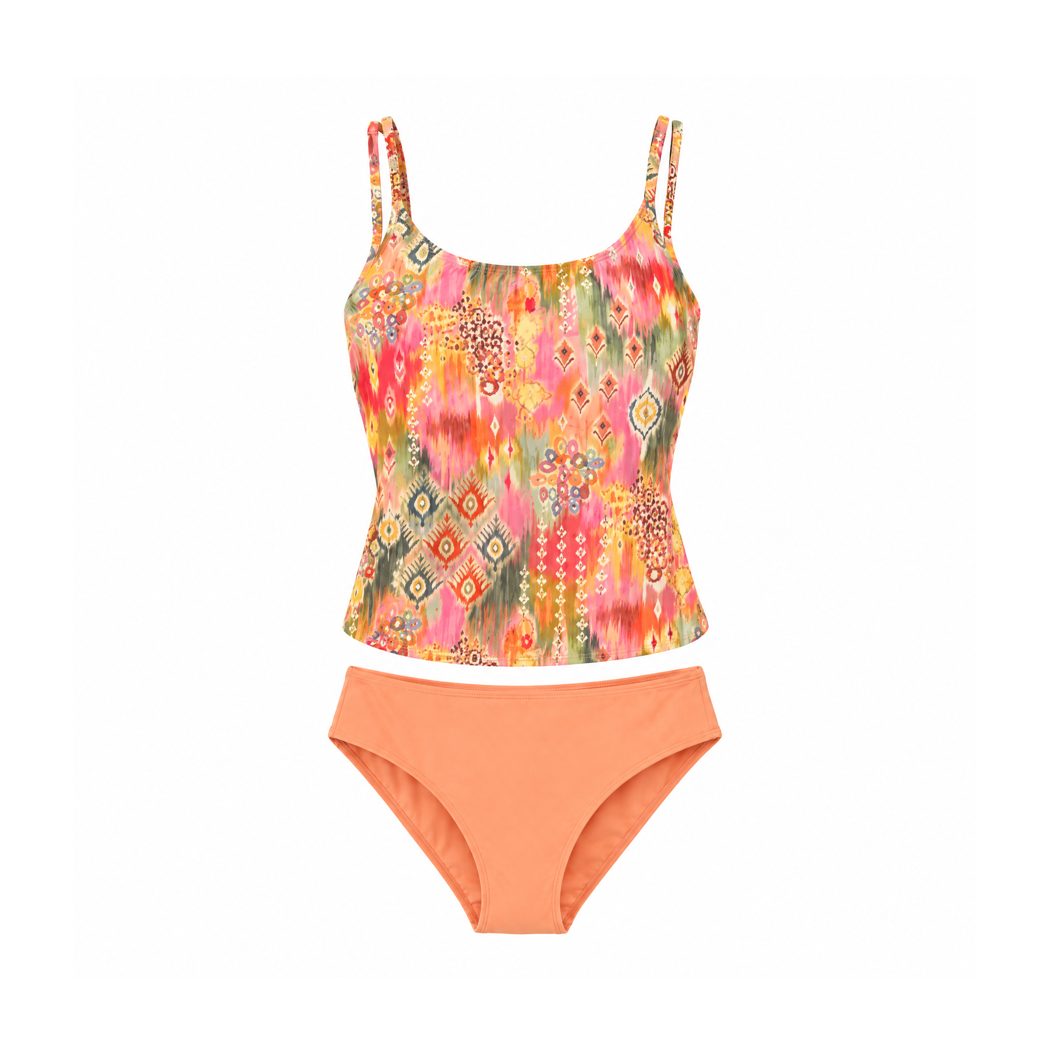 Orange Printed Tankini With Narrow Straps and Plain Briefs — Orange, front view